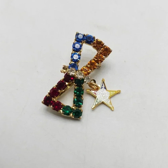 Order Of The Eastern Star Brooch With Colorful Rhinestones & Hanging Star Charm - Picture 2 of 4